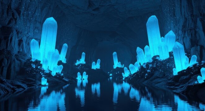 Mystical subterranean cavern glows with ethereal blue light reflecting off ancient crystal structures and damp stone walls in deep silence, stalactite, texture, mysterious