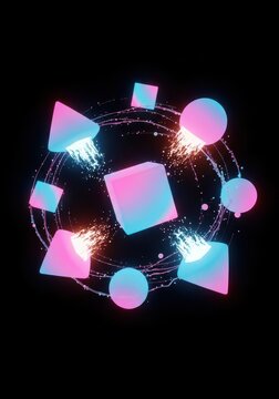 Vibrant glowing geometric shapes radiate intense light and kinetic power, floating in a dark vacuum with trails of fluid energy and motion, digital, light, render