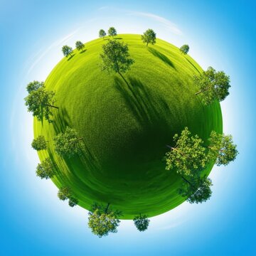A breathtaking circular view of a lush green meadow under a bright blue sky, featuring rolling hills and scattered trees in a globe shape, circular, day, sky