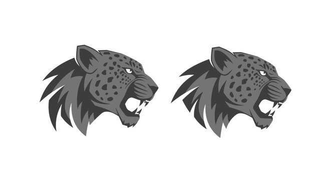Two Fierce Leopard Heads in Profile View.