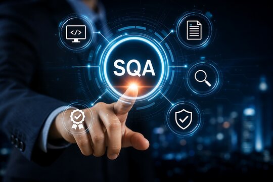 Software quality assurance sqa concept with digital interface and businessman hand