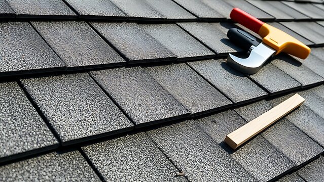Close-up of textured roofing shingles with construction tools nearby, captured in natural daylight.