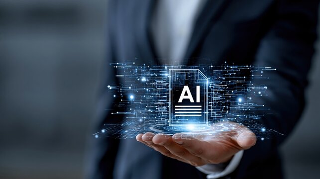 Man hand holding digital hologram of AI document generation w