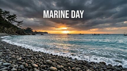 Marine Day banner text on dramatic sunset background over pebble beach coast with dark evening sky scenery