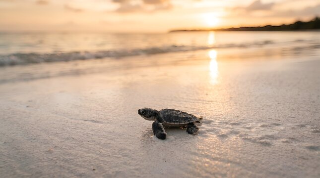 A baby sea turtle crawling across a sandy beach toward the ocean at sunrise, surrounded by gentle waves and warm golden light, capturing a peaceful coastal wildlife moment with ample copy space.