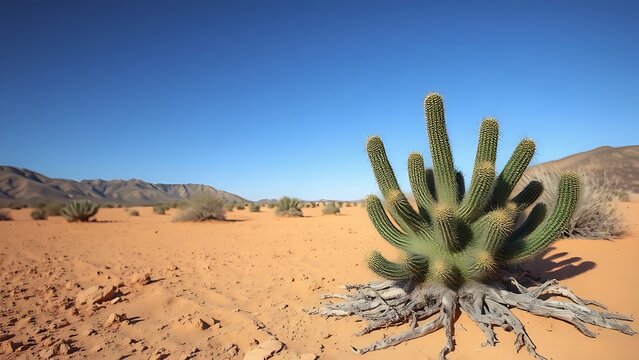 A resilient cactus in a desert, its roots spreading deep into the arid soil for survival.