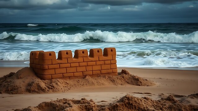Dark ocean waves eroding detailed sandcastle wall on beach under dramatic sky.