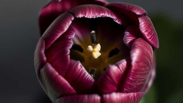 A dark tulip bud gently parted to reveal its intricate internal structure.