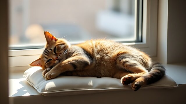 A cat in deep relaxation, stretched into a soft curve on a sunlit windowsill cushion.
