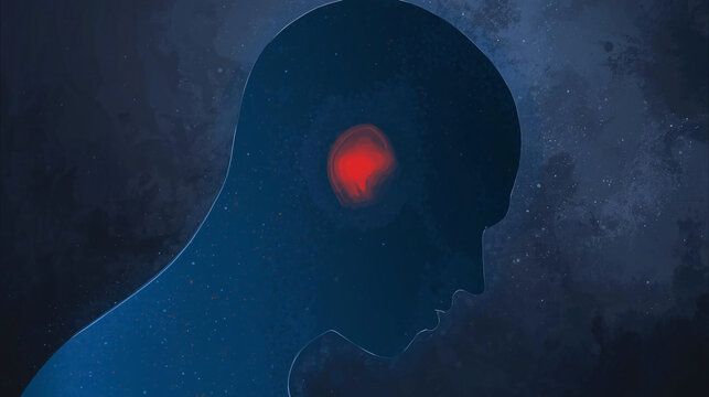 Abstract silhouette of a human profile with a glowing red spot inside the ear area, representing otitis or ear pain, set against a dark textured background.