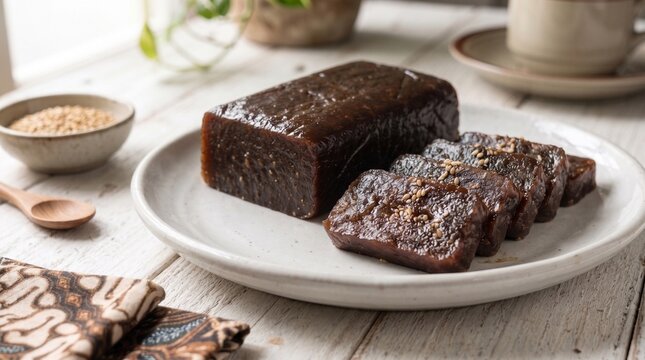 Traditional Indonesian sweet brown dodol Betawi cake loaf and slices sprinkled with sesame seeds, served on a ceramic plate with a wooden spoon and batik napkin.