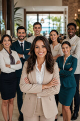 Fototapeta premium Diverse hospitality professionals stand together inside a luxury beach resort, led by a confident smiling female resort manager, representing exceptional guest service and teamwork.