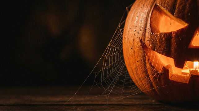 Carved pumpkin with spooky spider web in dark background. Jack o lantern with glowing light inside for Halloween celebration. Traditional autumn holiday decor and mysterious festive mood.