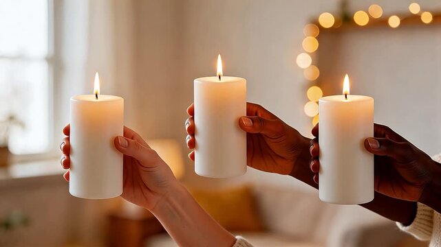 Three hands holding lit white candles