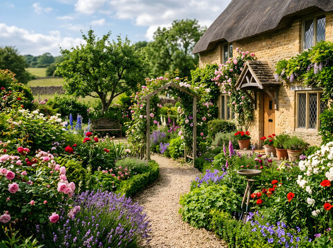 Picturesque cottage garden with flowers and stone path landscape backyard