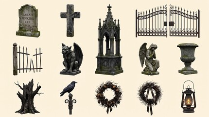 Obraz premium Set of Gothic Cemetery Ornaments Featuring Tombstones Gargoyles Angels and Decorative Elements for Spooky Digital Design