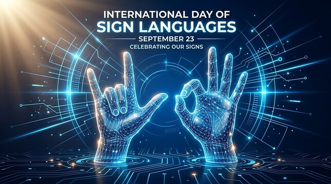 Futuristic digital hands forming sign language in glowing blue tech background