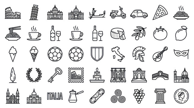 Italian travel landmarks and cultural symbols icon set.