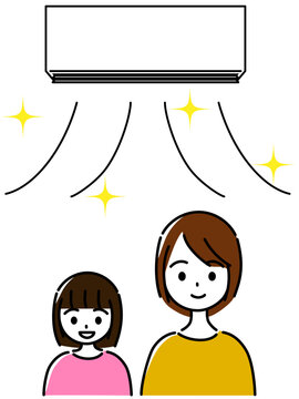 きれいな空気が出るエアコンのある部屋で、笑顔の女性と女の子