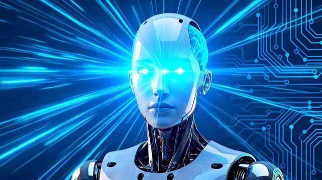 Robot head with visible brain and circuitry