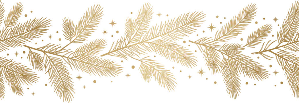 Elegant gold christmas pine tree branch seamless horizontal border pattern for luxury festive winter holiday decoration