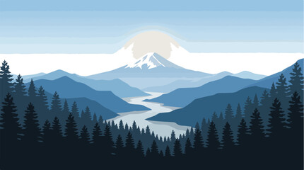 Vector landscape with mountain, river and pine forest © nuzul