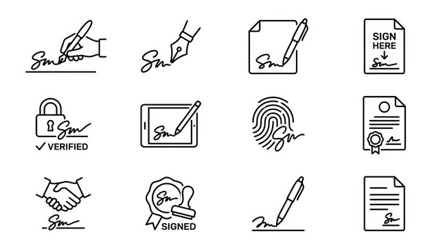 Collection of digital and traditional signature icons, representing legal agreements and verification.
