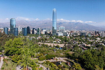 Obraz premium Aerial view of the Santiago skyline and Andean mountain scenery