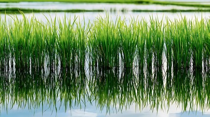 Obraz premium green grass reflecting on water surface on a sunny day