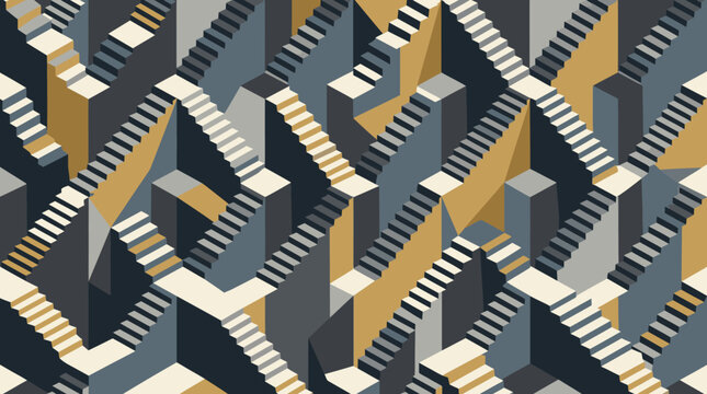 Repetitive geometric staircases creating optical architectural illusion.