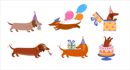 Fototapeta premium Illustration of dachshund dogs wearing party hats celebrating a birthday with gifts, balloons, and cake. Dog celebration collection in flat vector style.
