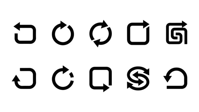 Set of refresh and reload arrow icons in circular and square styles with rotation direction interface clockwise counterclockwise navigation