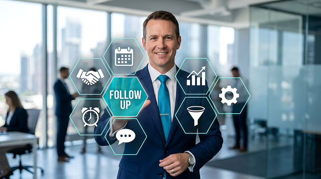 Businessman, office icons, FOLLOW UP concept, corporate sales strategy