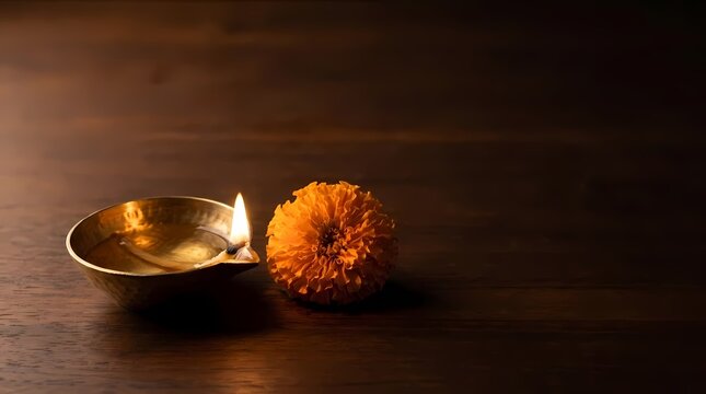Traditional oil lamp and marigold flower on wood surface