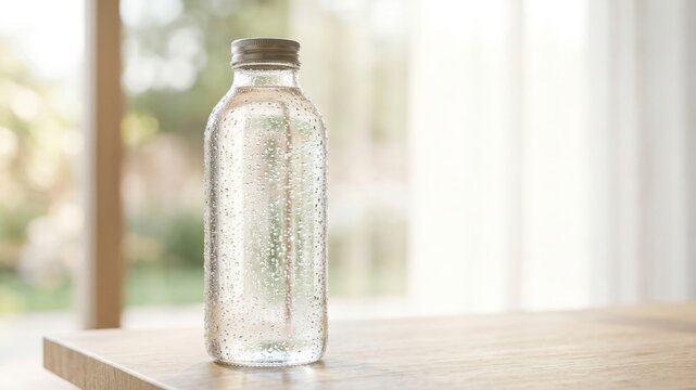 Condensation Droplets on Glass Water Bottle in Natural Light