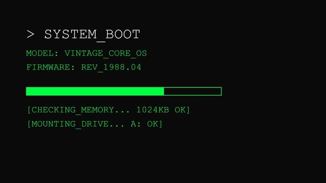 Vintage computer system boot screen animation with green text and progress bar, simulating old operating system startup, representing nostalgia, retro technology, and digital initialization