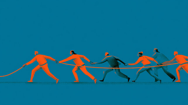 A vibrant and creative illustration of teamwork, featuring diverse individuals pulling a rope together