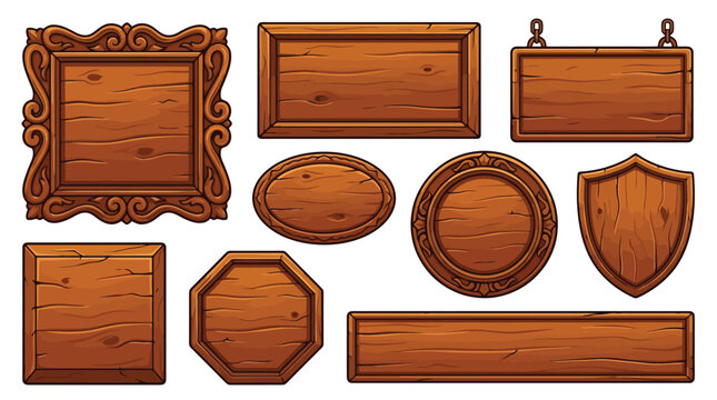 Rustic wooden signs and frames collection, 9 vintage timber UI elements, brown wood planks and carved boards for game assets and web design