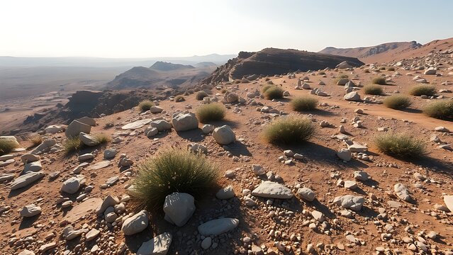 Sun-baked rocky landscape with scattered stones and wild thyme plants.