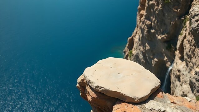 Flat rock at cliff edge overlooking deep blue sea.