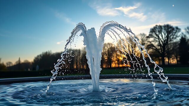 A fountain's water stream tracing a silver arc against a blue sky at golden hour.
