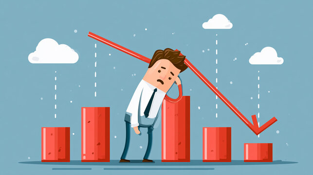 An animated illustration of a distressed businessman in a suit, facing a downward trend in bar graph statistics