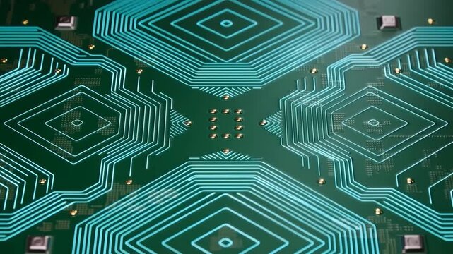 Green circuit board with glowing cyan trace paths, metallic contact points, and symmetrical chip details creating polished futuristic digital hardware surface for advanced technology concepts