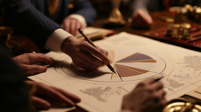 Business professionals collaborate, analyzing data and charts to make informed decisions. Hands are engaged in strategic planning, showcasing teamwork and analytical thinking.