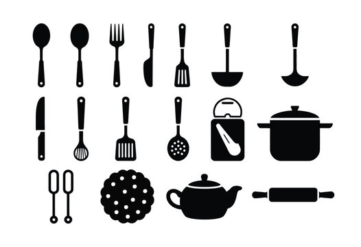 白背景にさまざまなキッチン用品 調理道具 食品準備器具を表す黒シルエットコレクション