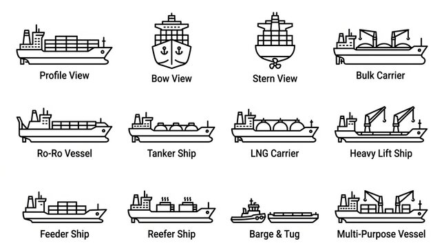 Detailed vector illustrations of various types of ships and naval vessels from multiple perspectives.