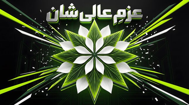 Azm e Aali Shan Urdu text with green and white floral graphic element. Includes metallic typography, star flower emblem, and dynamic light rays. Digital artwork for national day and celebration.
