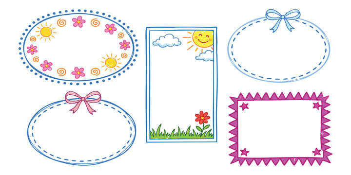 Set of cute hand drawn doodle frames and borders with flowers sun clouds and bows for kids design projects