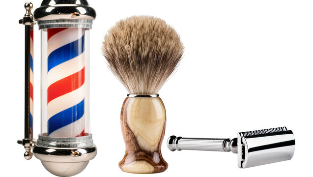 Isolated traditional barber shop tools including pole, shaving brush, and classic safety razor