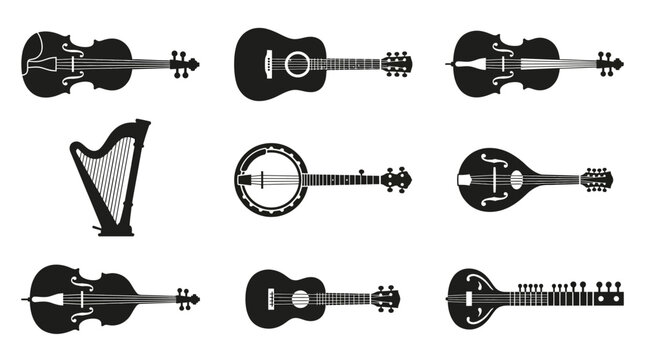 Musical Instruments Icon Set. Flat Black and White String Instruments Silhouettes for Music Industry